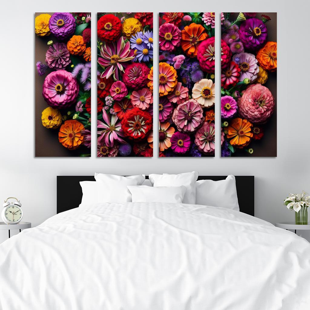 Floral Mosaic A Patchwork of Blooms 4 Piece HD Modern Canvas Panels-Original Frame