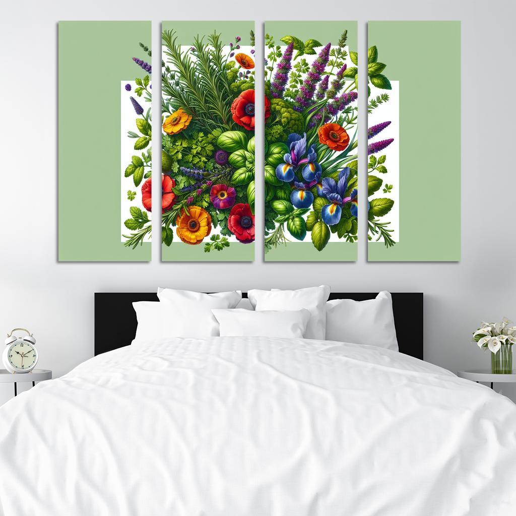 Aromatic Garden The Herb and Blossom Fusion 4 Piece HD Modern Canvas Panels-Original Frame