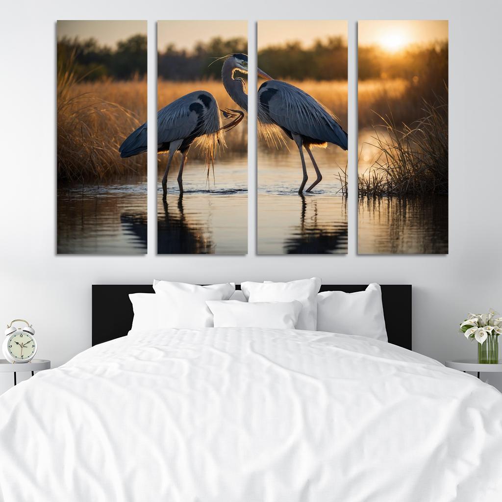 The Majestic Great Blue Heron By The Waterside Framed Paintings