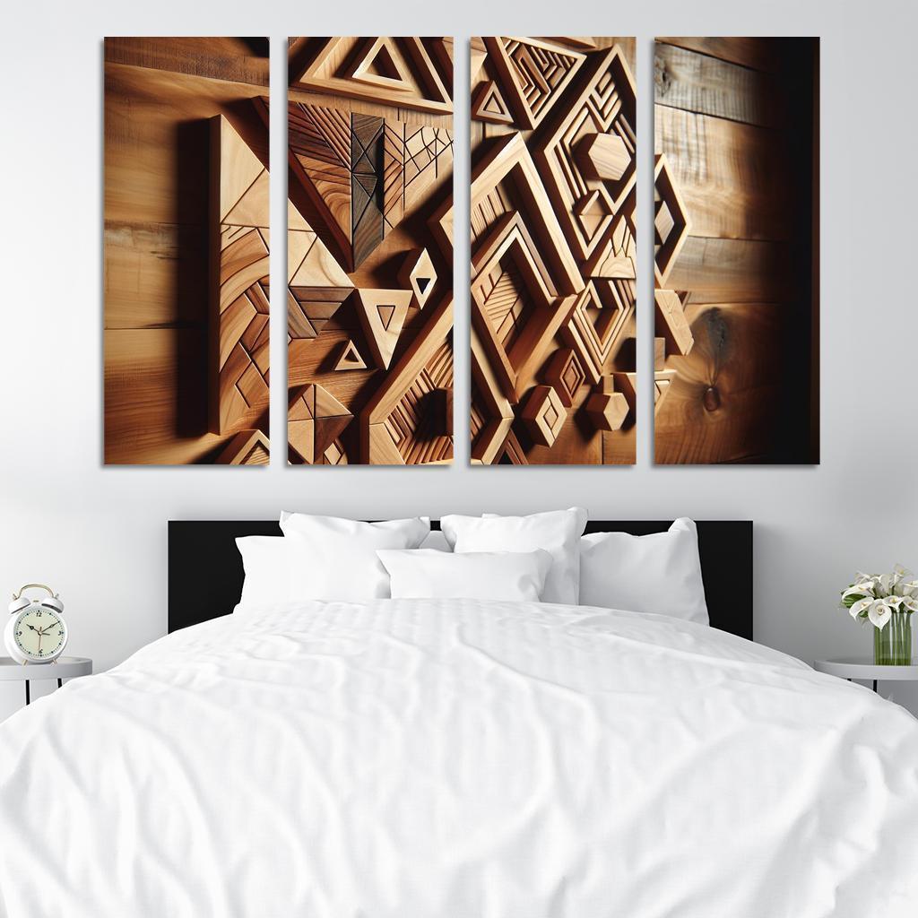Geometric Wooden Wall Shelves 4 Piece HD Modern Canvas Panels-Original Frame