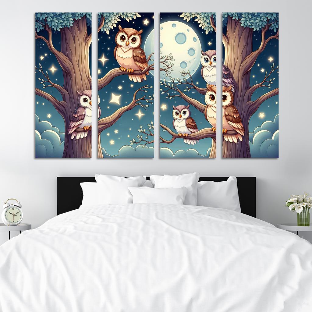 Starry Night Owls - Nighttime Whimsy Framed Paintings