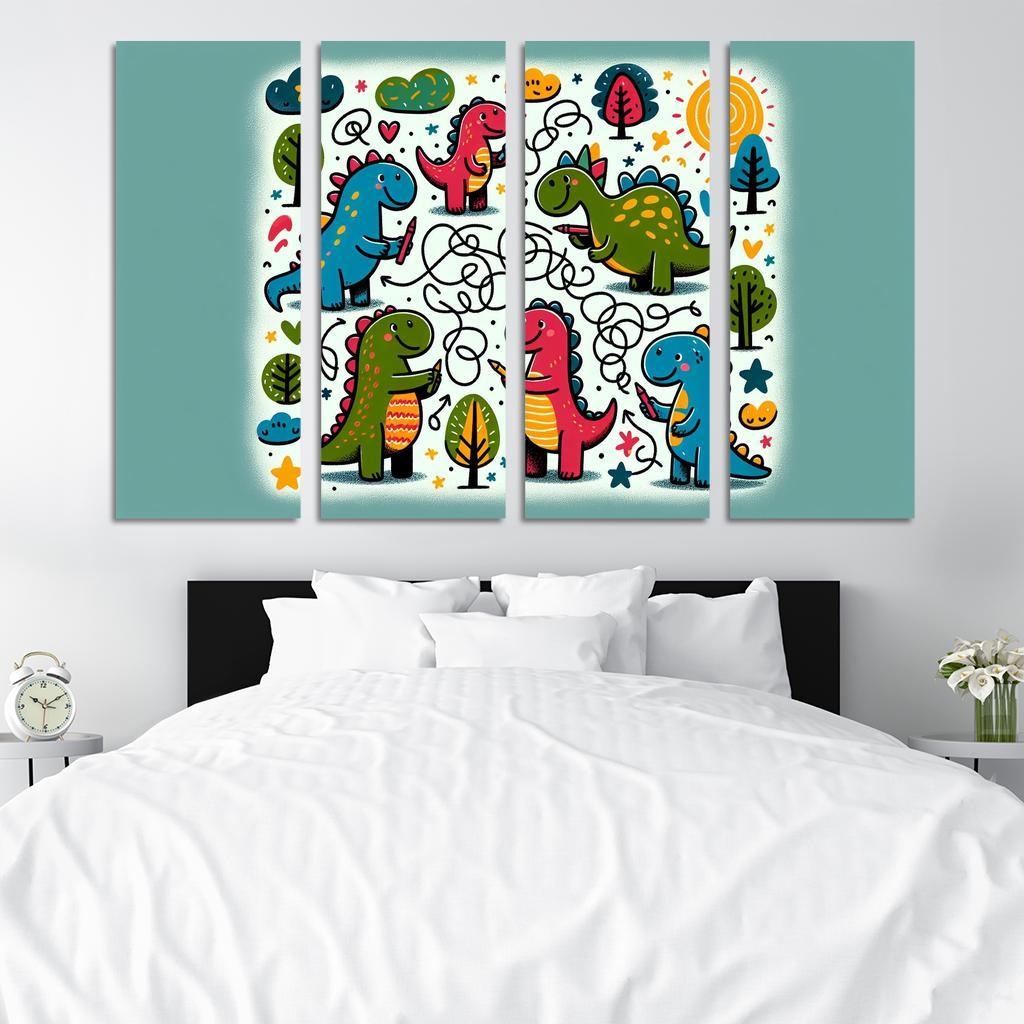 Doodle Dino Friends 4 Piece HD Modern Canvas Panels-Original Frame