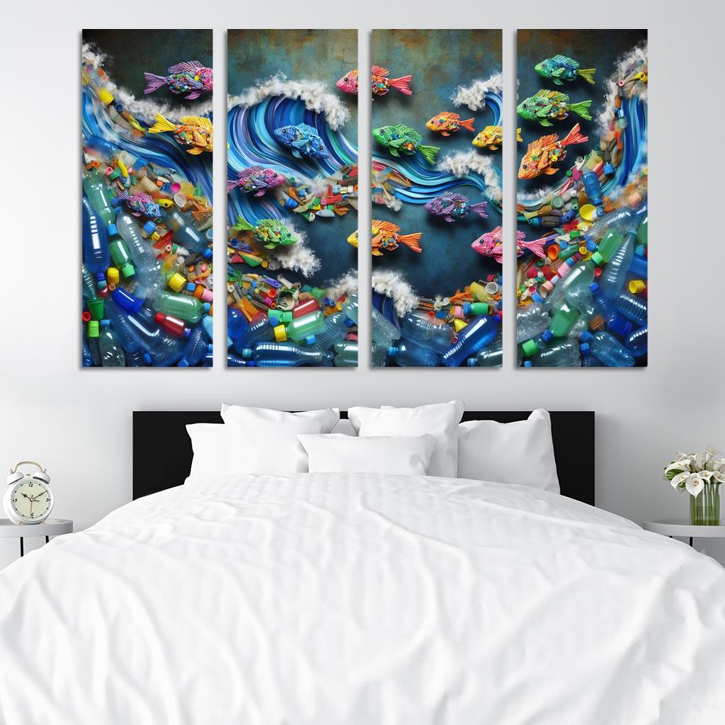 Plastic Ocean Art for Ocean Conservation 4 Piece HD Modern Canvas Panels-Original Frame