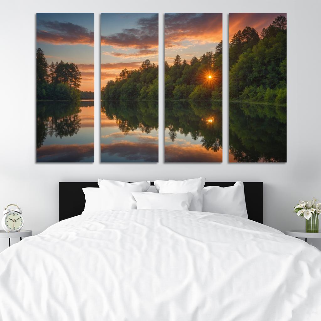 The Serene Reflection of Tranquil Lake 4 Piece HD Modern Canvas Panels-Original Frame