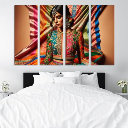 Ethnic Fusion Blending Cultures in Fashion 4 Piece HD Modern Canvas Panels-Original Frame
