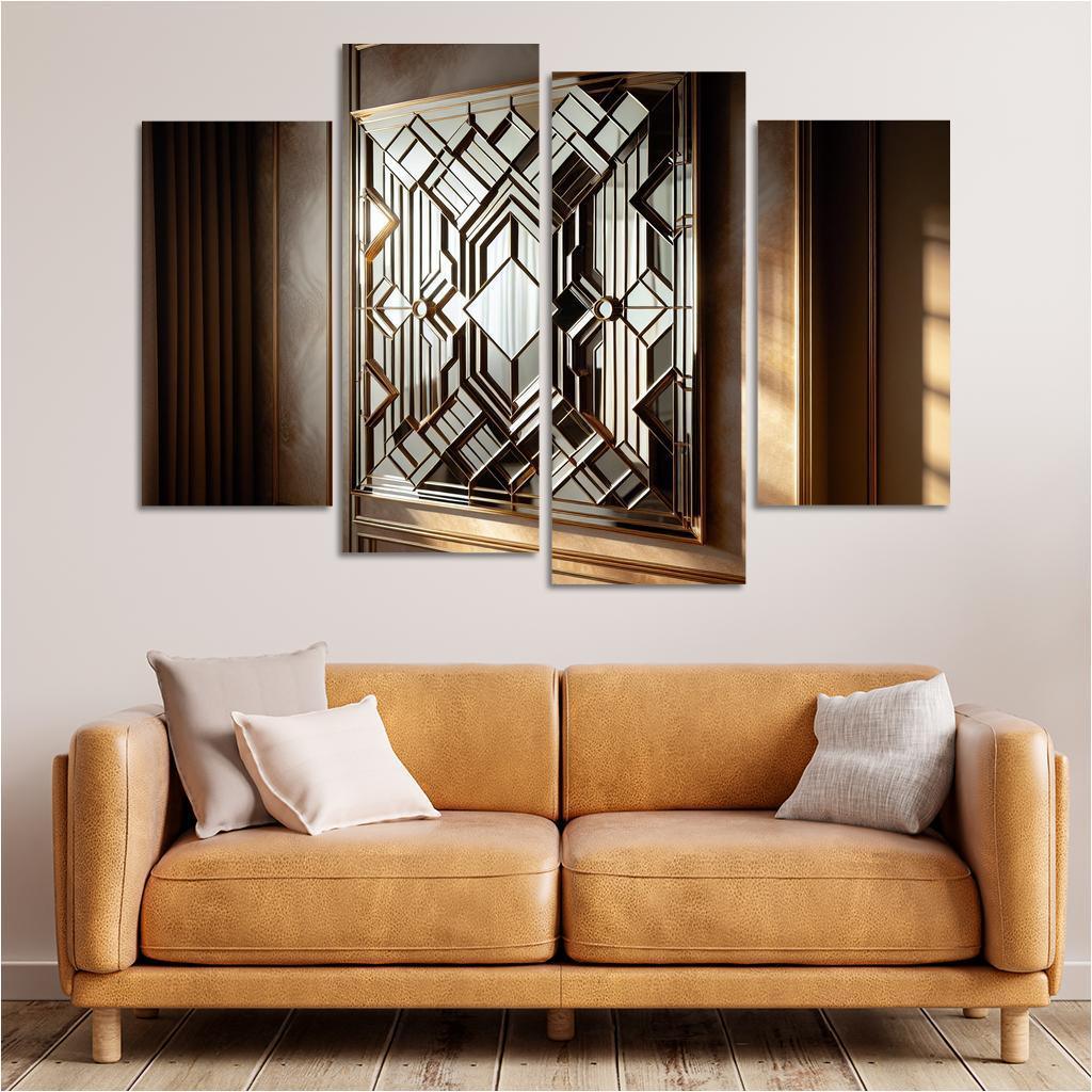 Art Deco Mirror with Geometric Design 4 Piece HD Canvas Wall Art-Original Frame