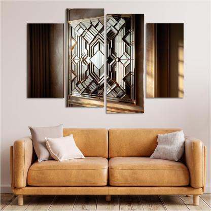 Art Deco Mirror with Geometric Design 4 Piece HD Canvas Wall Art-Original Frame