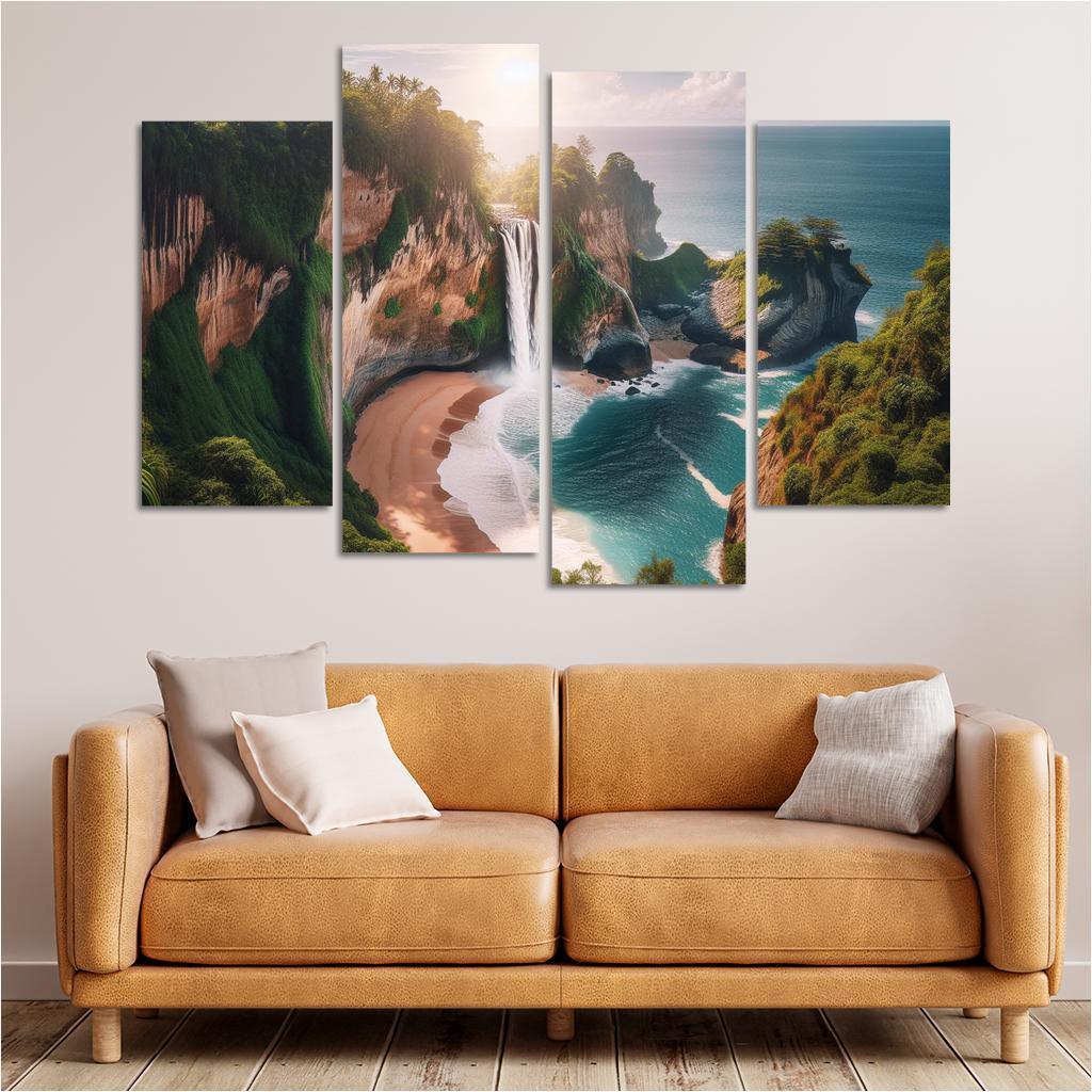 Cascading Waterfalls Beach Modern Paintings Frame