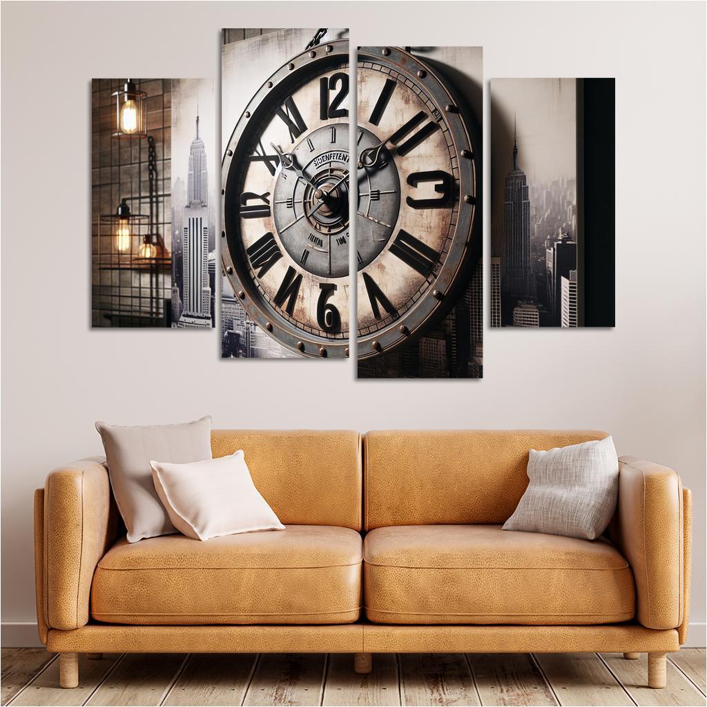 Industrial-Style Wall Clock with Distressed Finish 4 Piece HD Canvas Wall Art-Original Frame