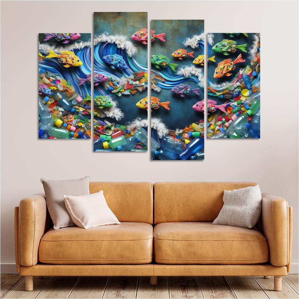 Plastic Ocean Art for Ocean Conservation 4 Piece HD Canvas Wall Art-Original Frame