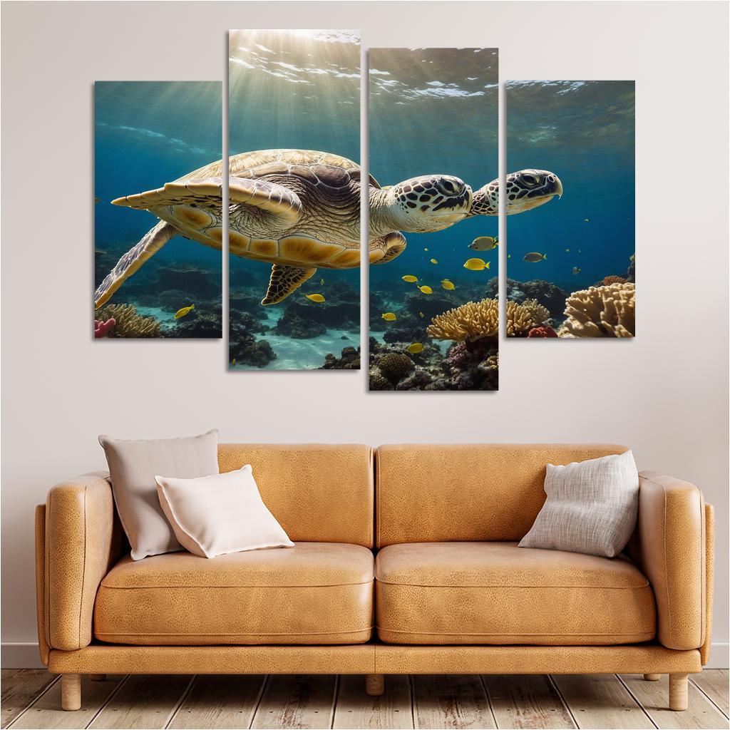 The Enigmatic Green Sea Turtle Gliding Through Coral Reefs Framed Paintings