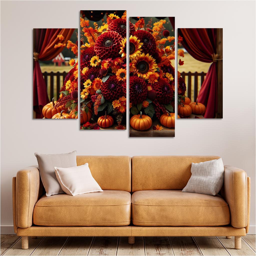 Autumn's Embrace A Seasonal Floral Bounty 4 Piece HD Canvas Wall Art-Original Frame