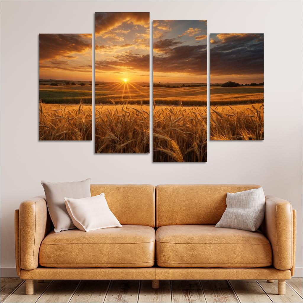 The Glorious Shades of Sunset on Rolling Fields 4 Piece HD Canvas Wall Art-Original Frame