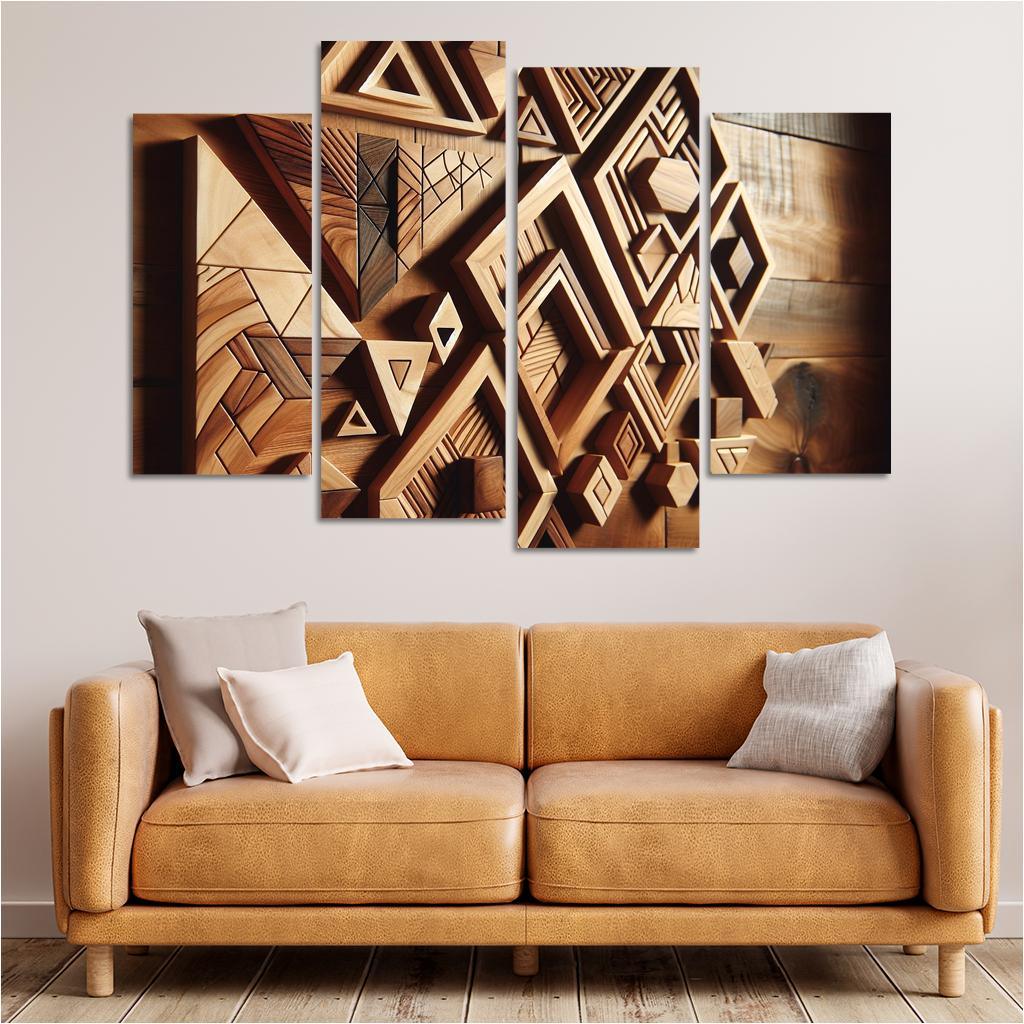 Geometric Wooden Wall Shelves 4 Piece HD Canvas Wall Art-Original Frame