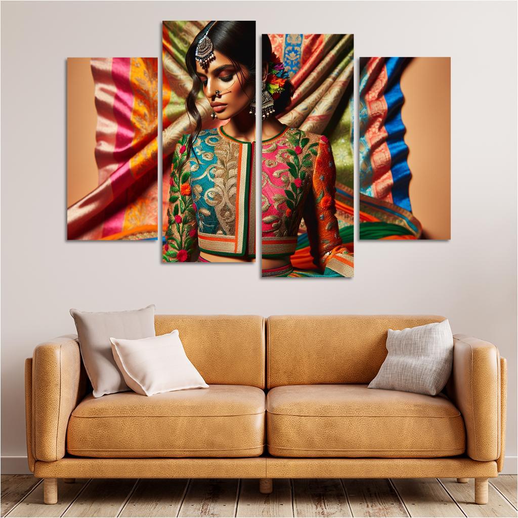 Ethnic Fusion Blending Cultures in Fashion 4 Piece HD Canvas Wall Art-Original Frame