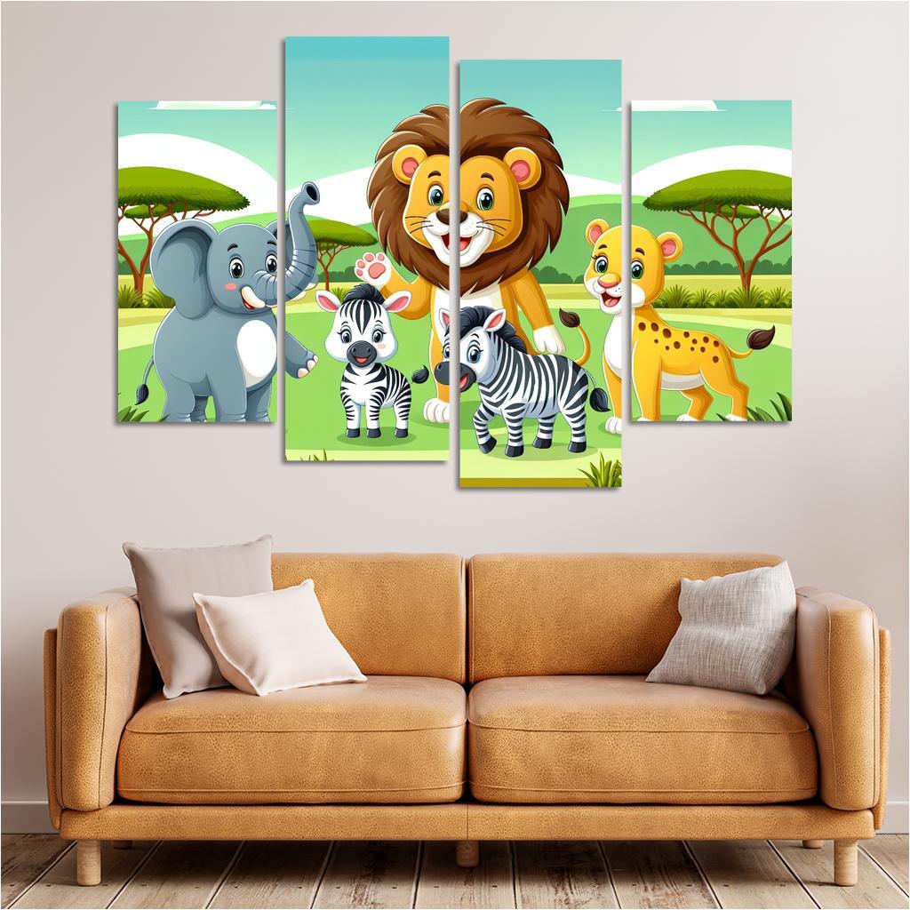 Adventure with Adventurous Animals 4 Piece HD Canvas Wall Art-Original Frame