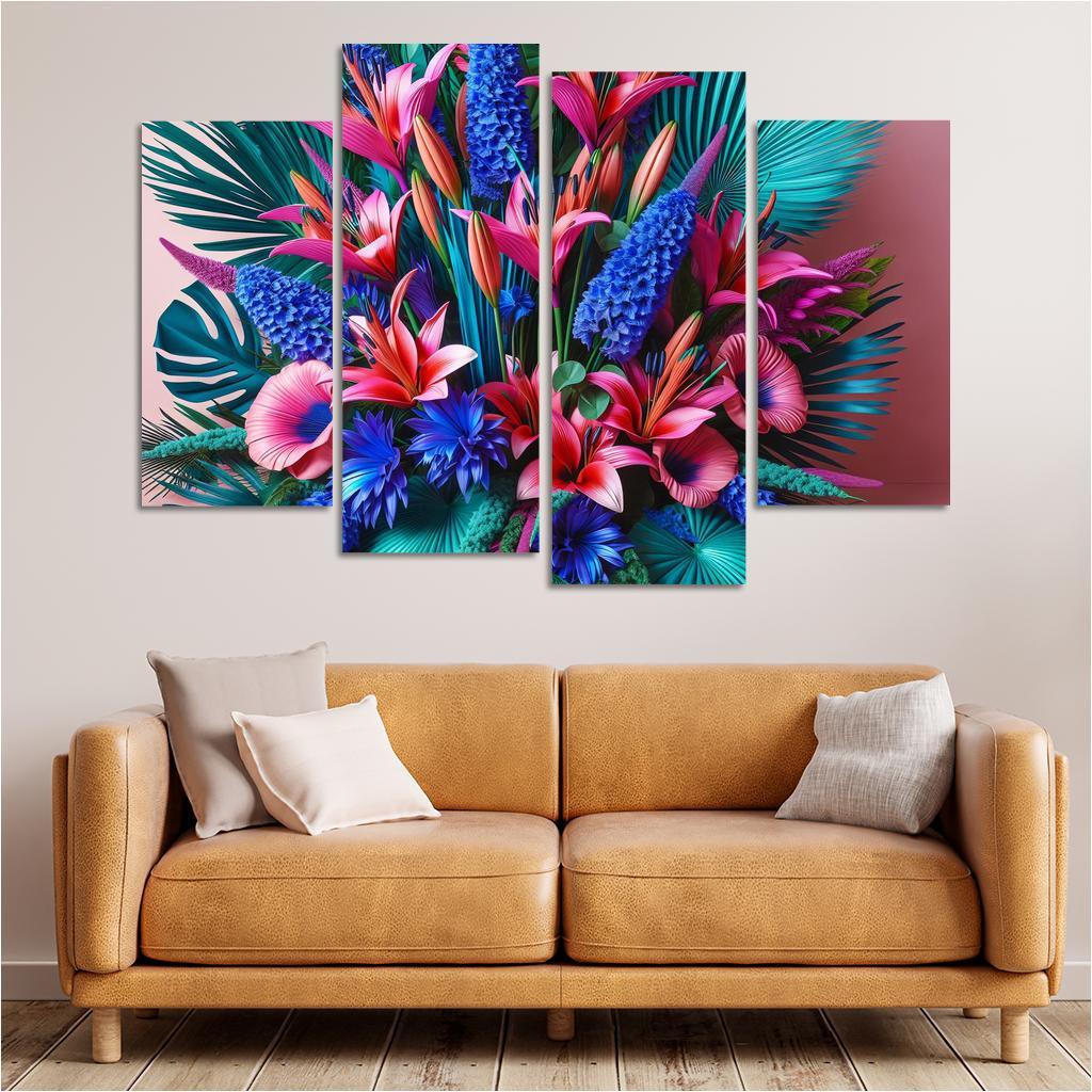 Glistening Tropics A Coastal Floral Experience 4 Piece HD Canvas Wall Art-Original Frame