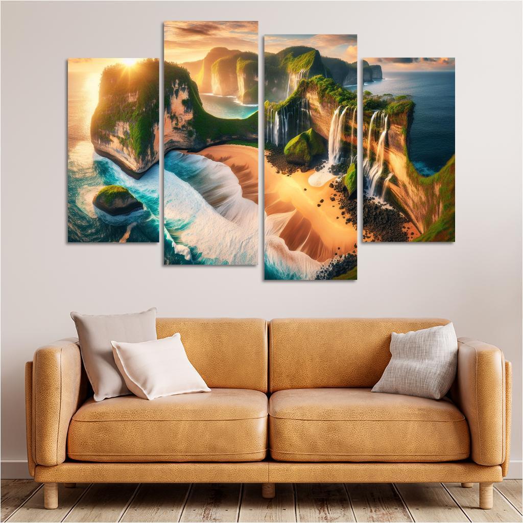 Cascading Waterfalls Beach Natural Wonder Oil Paintings Frame