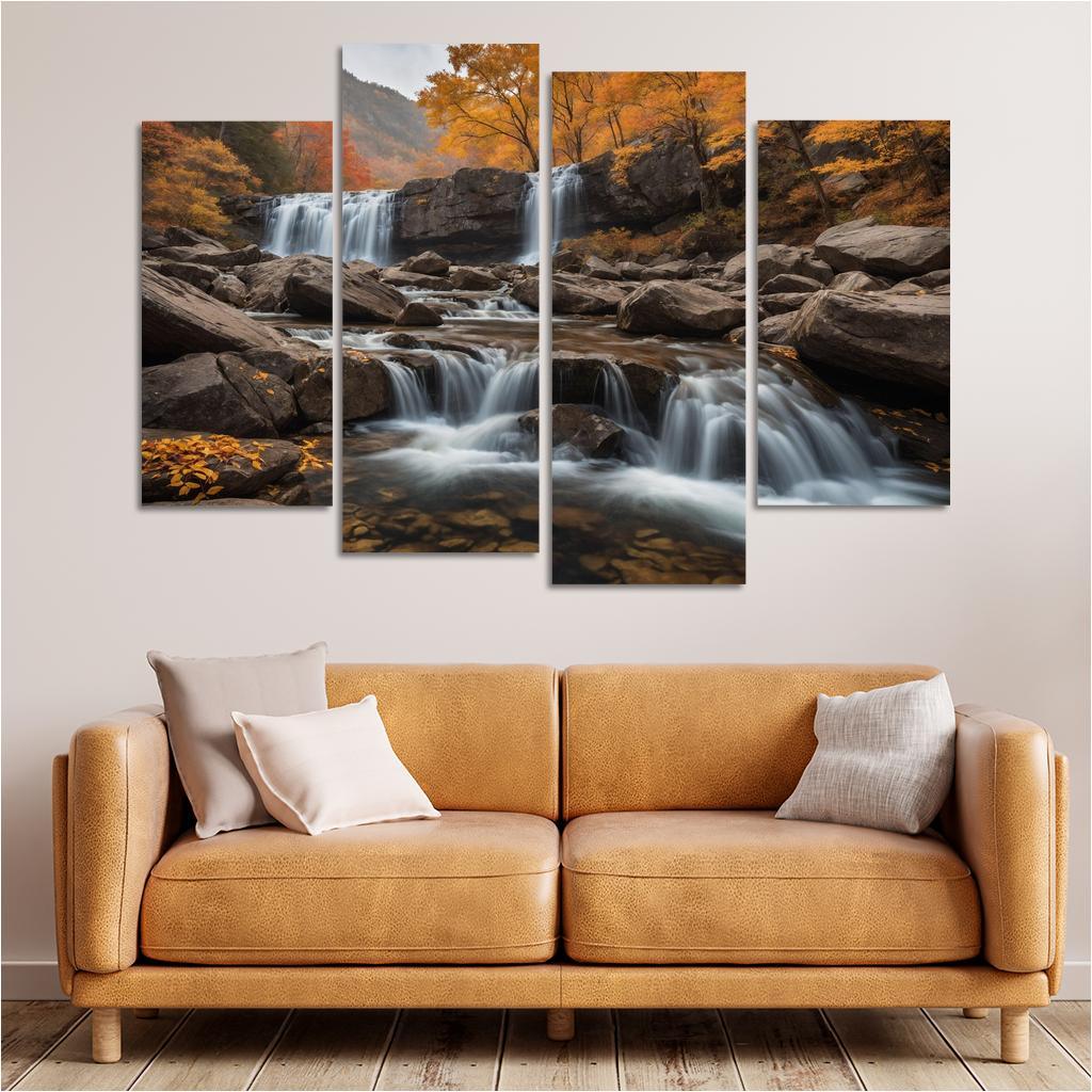 The Golden Cascade Of Autumn Waterfall Multi-panel Paintings