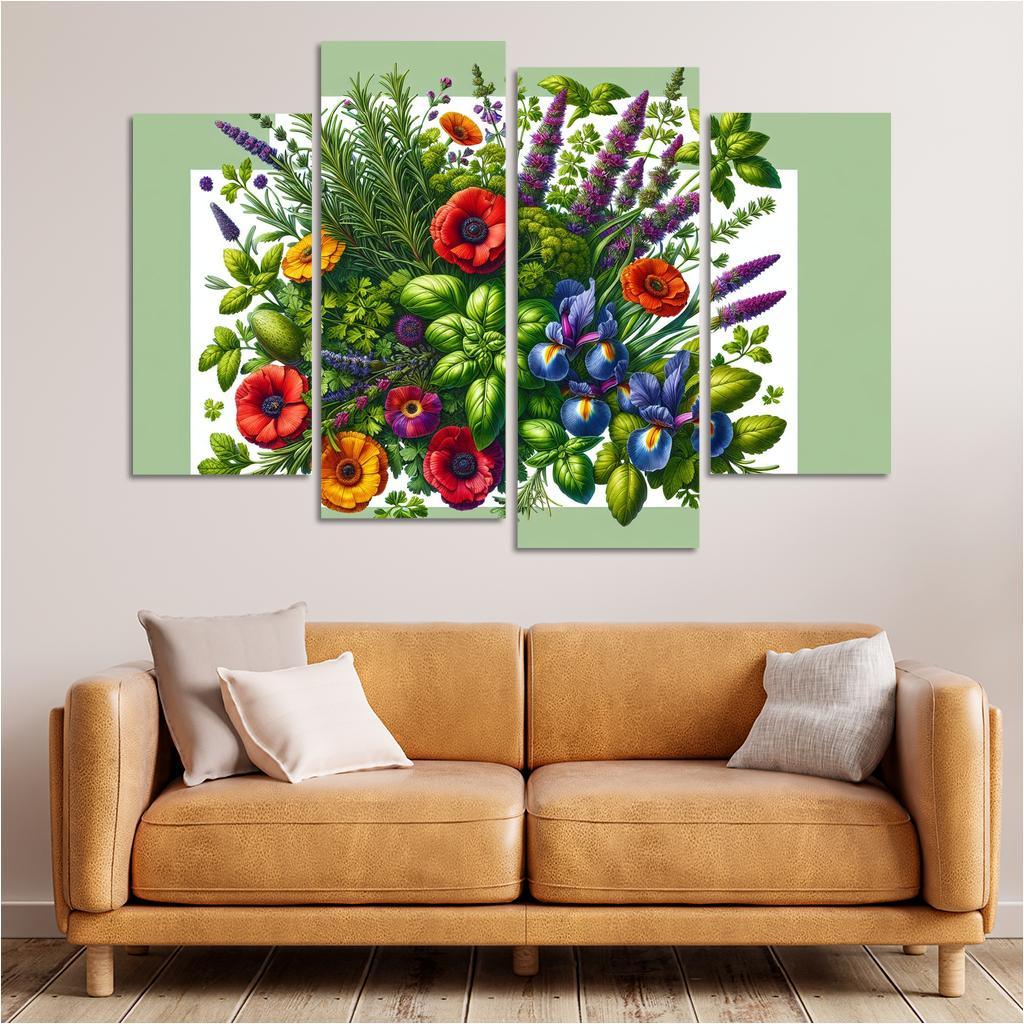 Aromatic Garden The Herb and Blossom Fusion 4 Piece HD Canvas Wall Art-Original Frame