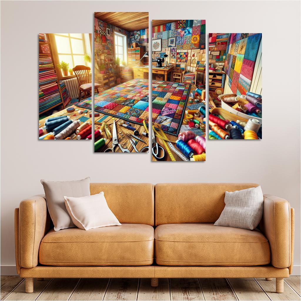 Quilting Stitching Together Memories 4 Piece HD Canvas Wall Art-Original Frame