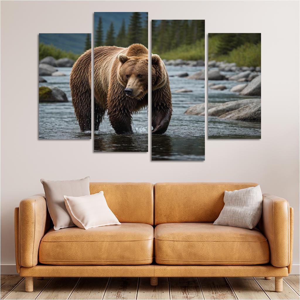 The Majestic Alaskan Brown Bear In A Mountain Stream Framed Paintings
