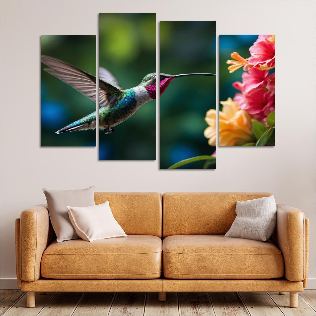 The Enchanting Hummingbird Among Tropical Flowers Framed Paintings