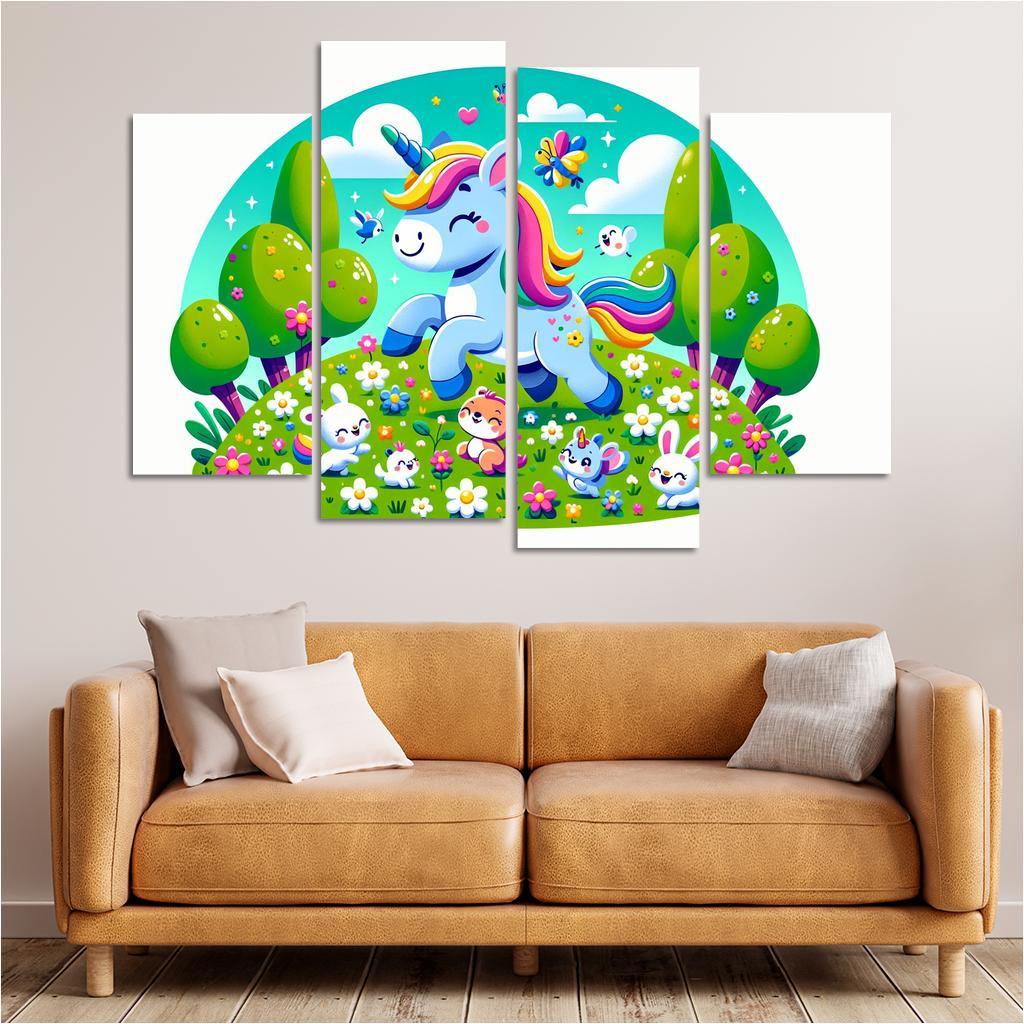 Rainbow Unicorn Friends 4 Piece HD Canvas Wall Art-Original Frame