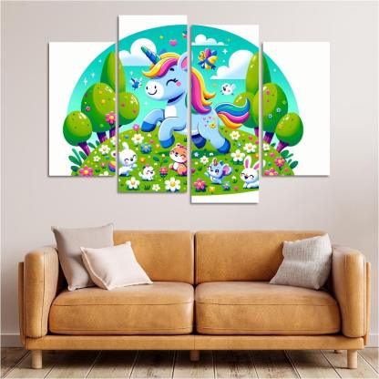 Rainbow Unicorn Friends 4 Piece HD Canvas Wall Art-Original Frame