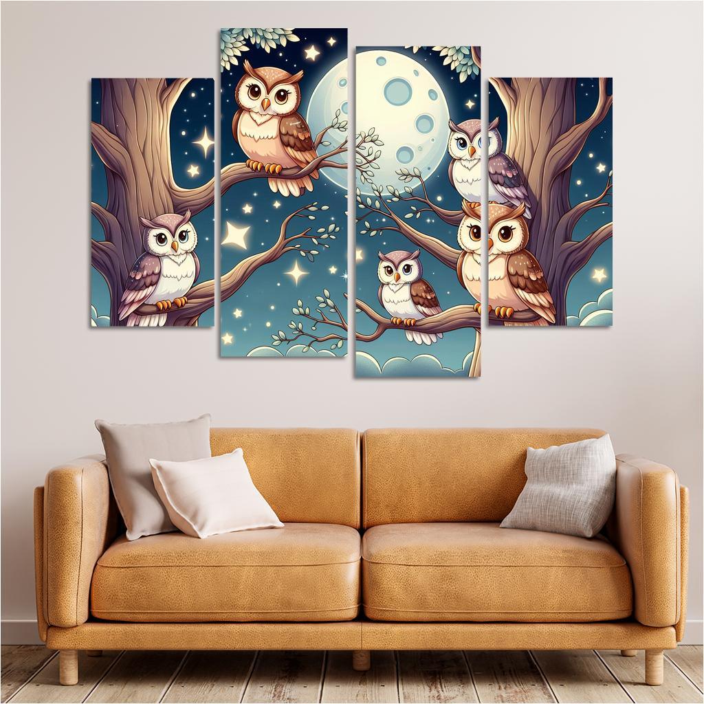 Starry Night Owls - Nighttime Whimsy Framed Paintings