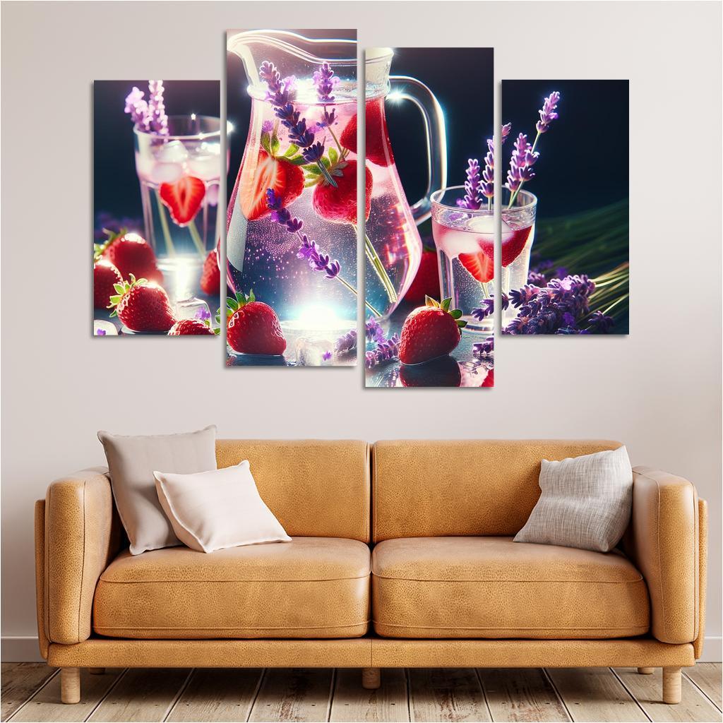 Strawberry Lavender Infused Water 4 Piece HD Canvas Wall Art-Original Frame