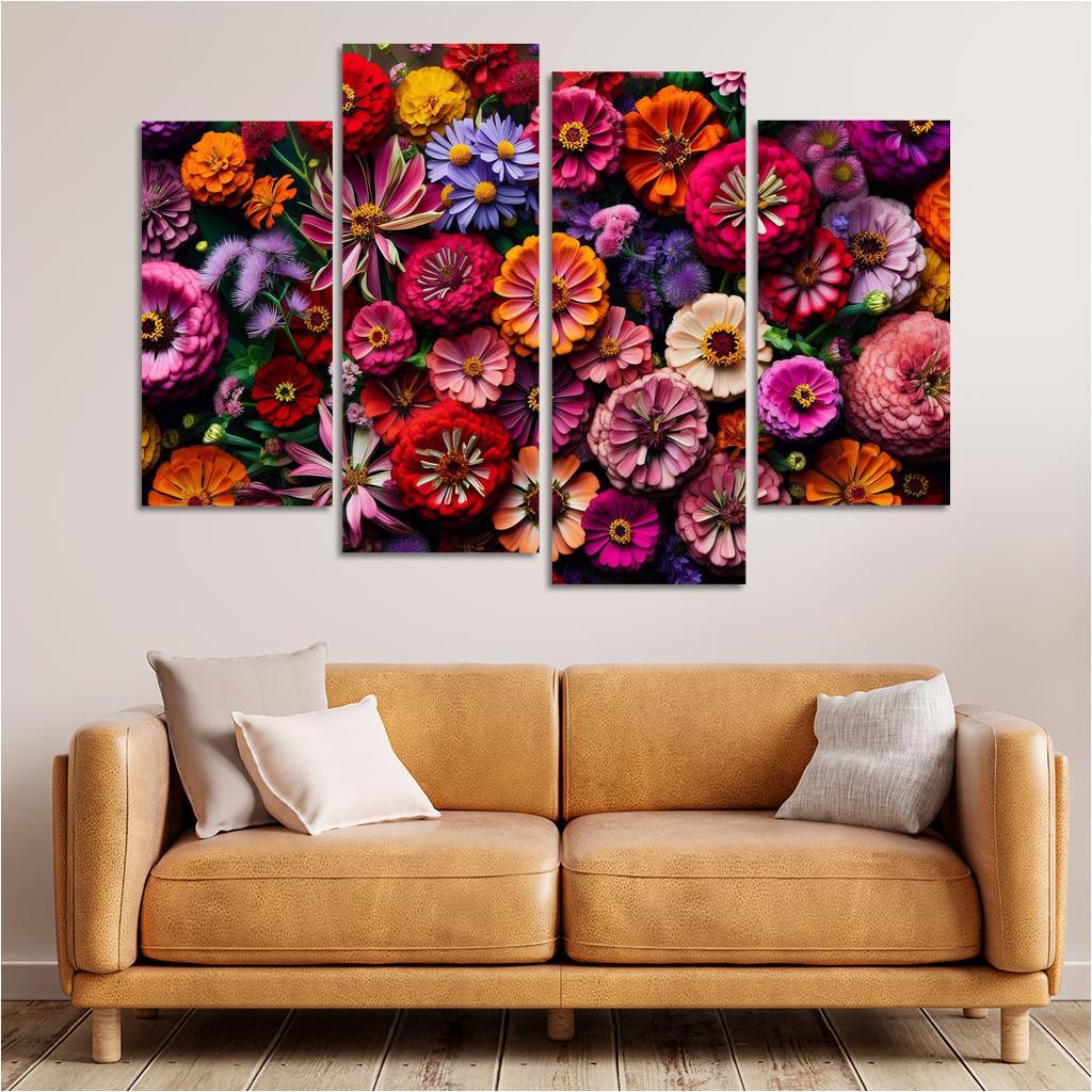 Floral Mosaic A Patchwork of Blooms 4 Piece HD Canvas Wall Art-Original Frame
