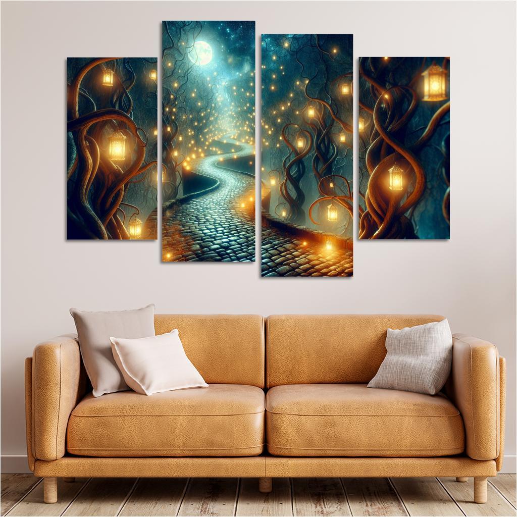 Moonlit Pathway The Journey of Shadows 4 Piece HD Canvas Wall Art-Original Frame