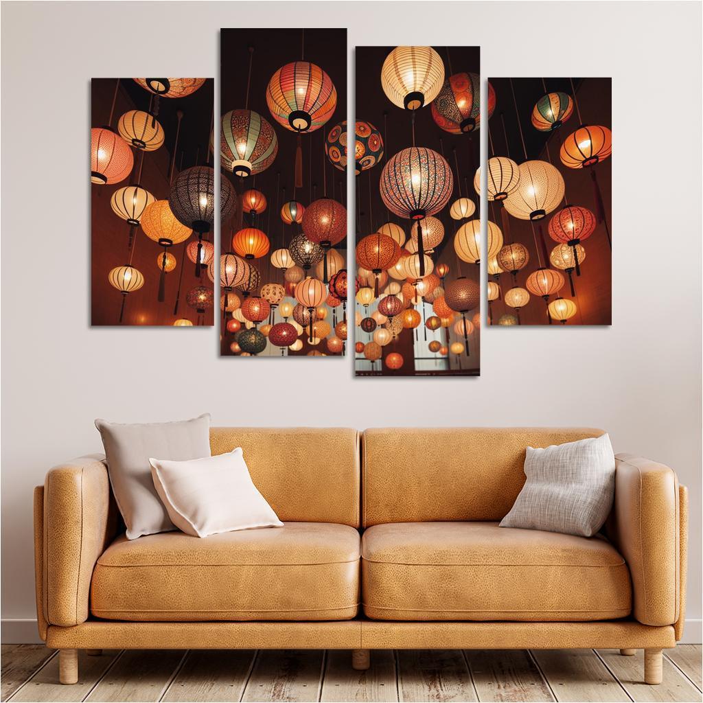 Whimsical Paper Lanterns 4 Piece HD Canvas Wall Art-Original Frame