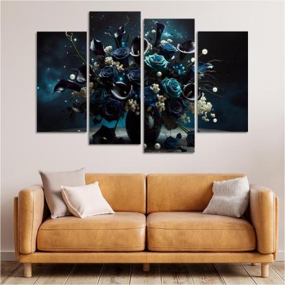 Celestial Petals A Starry Night Floral Arrangement 4 Piece HD Canvas Wall Art-Original Frame