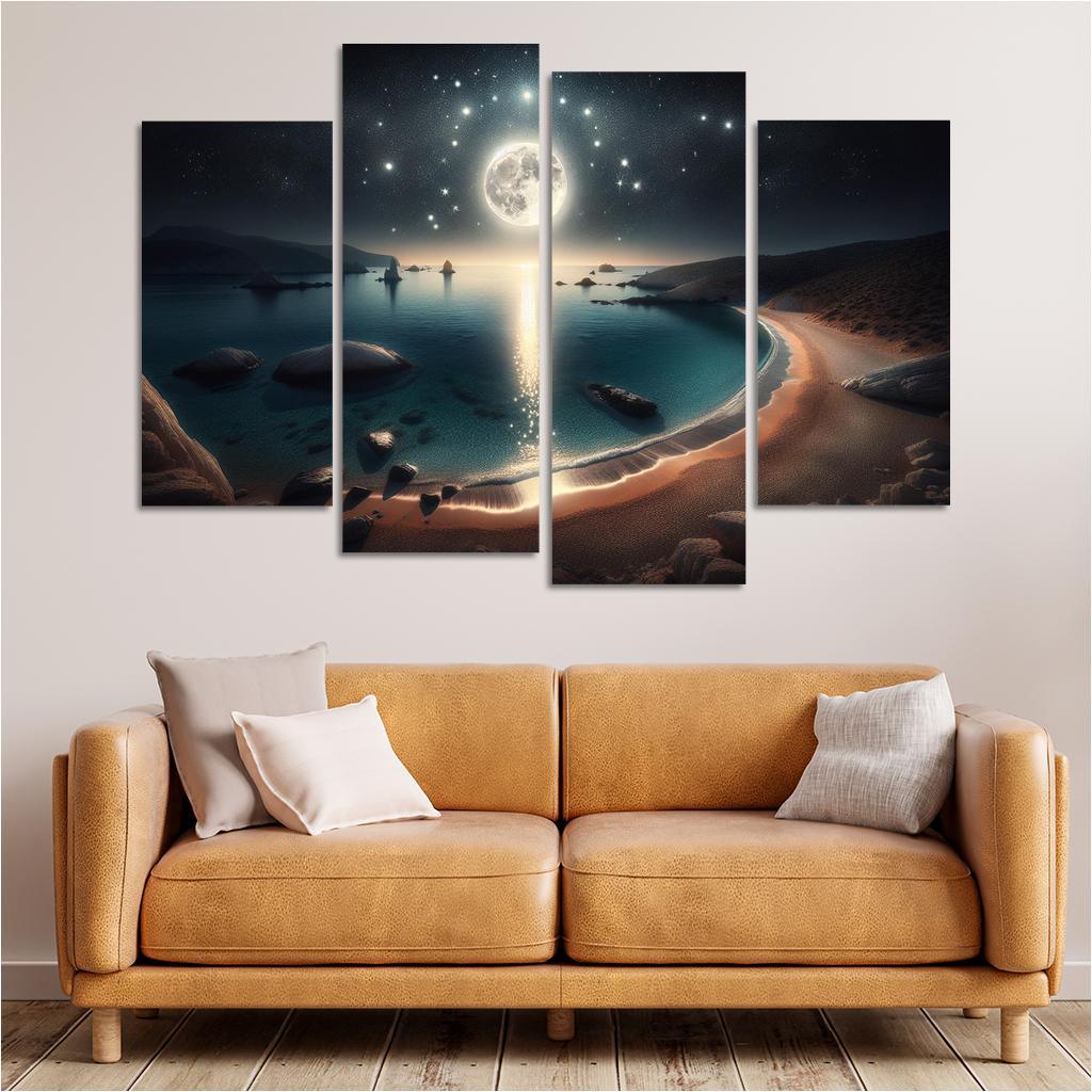 Moonlit Harbor A Coastal Retreat for Stargazers 4 Piece HD Canvas Wall Art-Original Frame