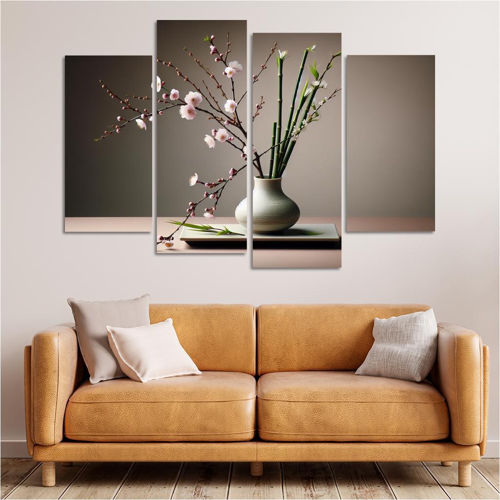 Japanese Serenity Ikebana Inspired Arrangement 4 Piece HD Canvas Wall Art-Original Frame
