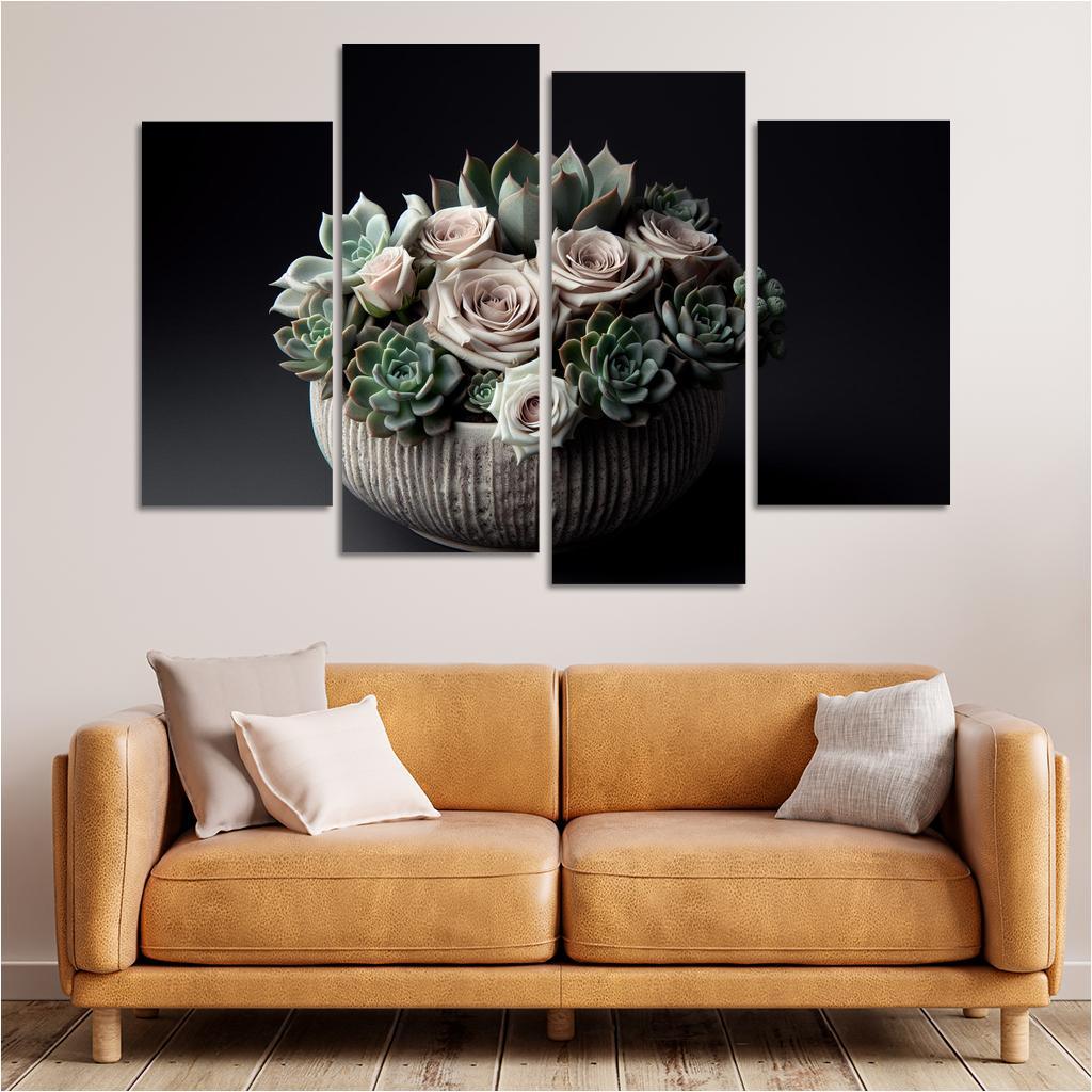 Whispers of the Desert Succulent Floral Fusion 4 Piece HD Canvas Wall Art-Original Frame