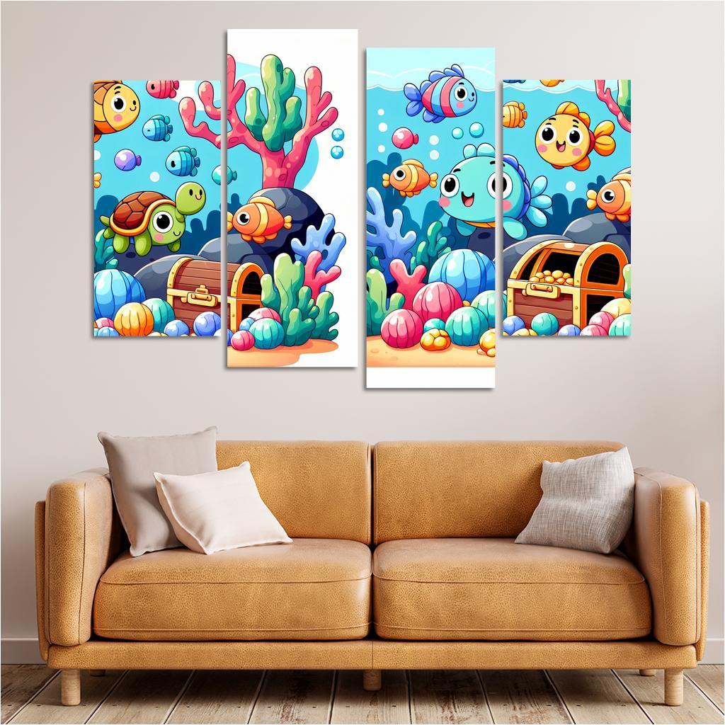 Underwater Treasure Hunt 4 Piece HD Canvas Wall Art-Original Frame