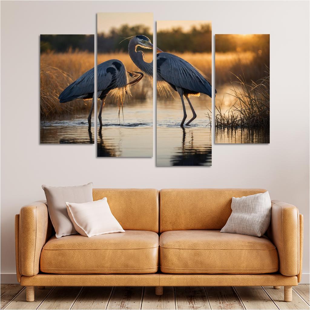 The Majestic Great Blue Heron By The Waterside Framed Paintings