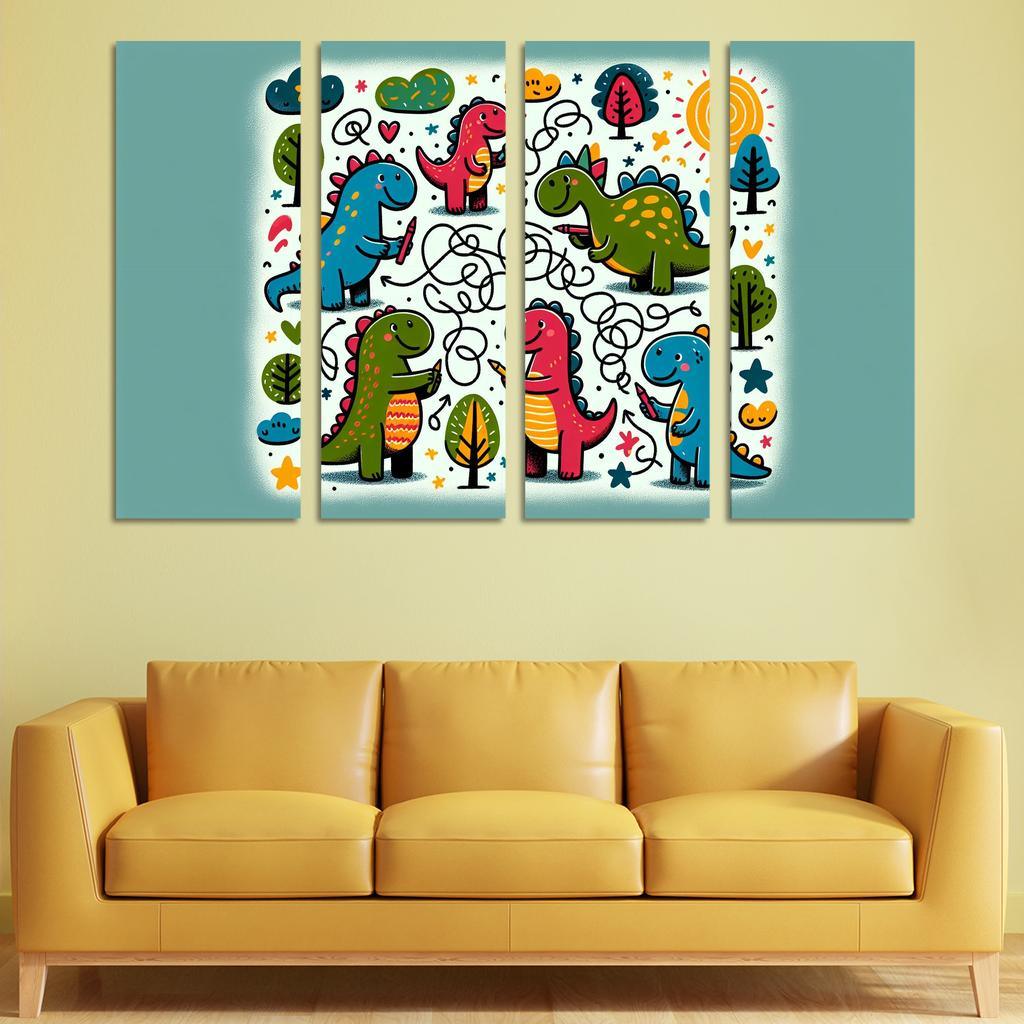 Doodle Dino Friends 4 Piece HD Modern Canvas Panels-Original Frame