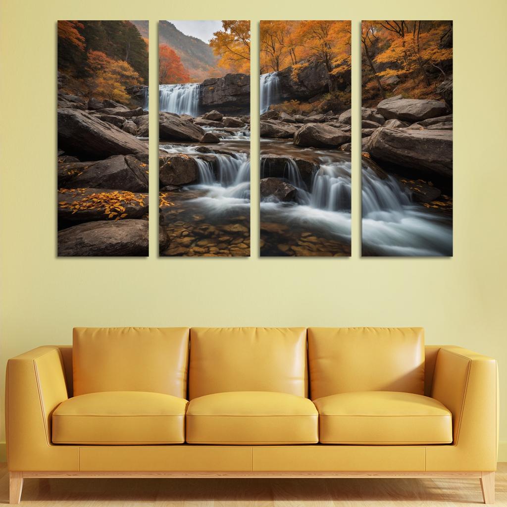The Golden Cascade Of Autumn Waterfall Multi-panel Paintings