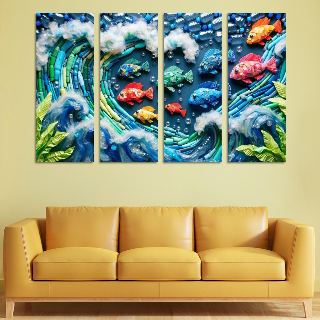 Plastic Ocean Art for Ocean Conservation 4 Piece HD Modern Canvas Panels-Original Frame