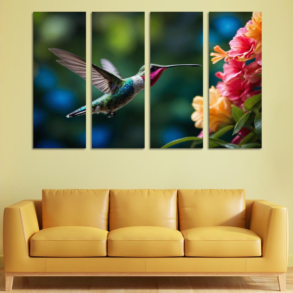 The Enchanting Hummingbird Among Tropical Flowers Framed Paintings