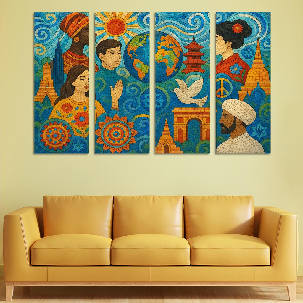 Harmony Of Cultures In Contemporary Mosaic Art Canvas Paintings Frame