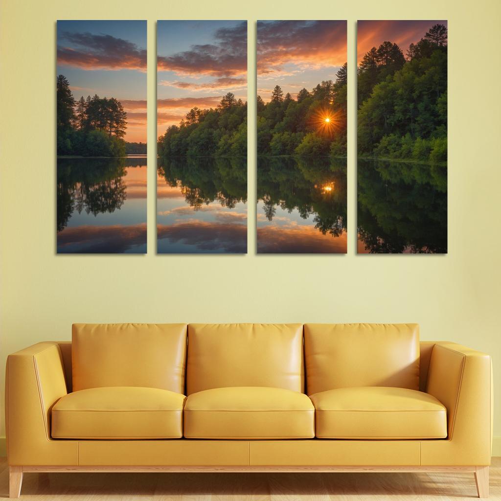 The Serene Reflection of Tranquil Lake 4 Piece HD Modern Canvas Panels-Original Frame