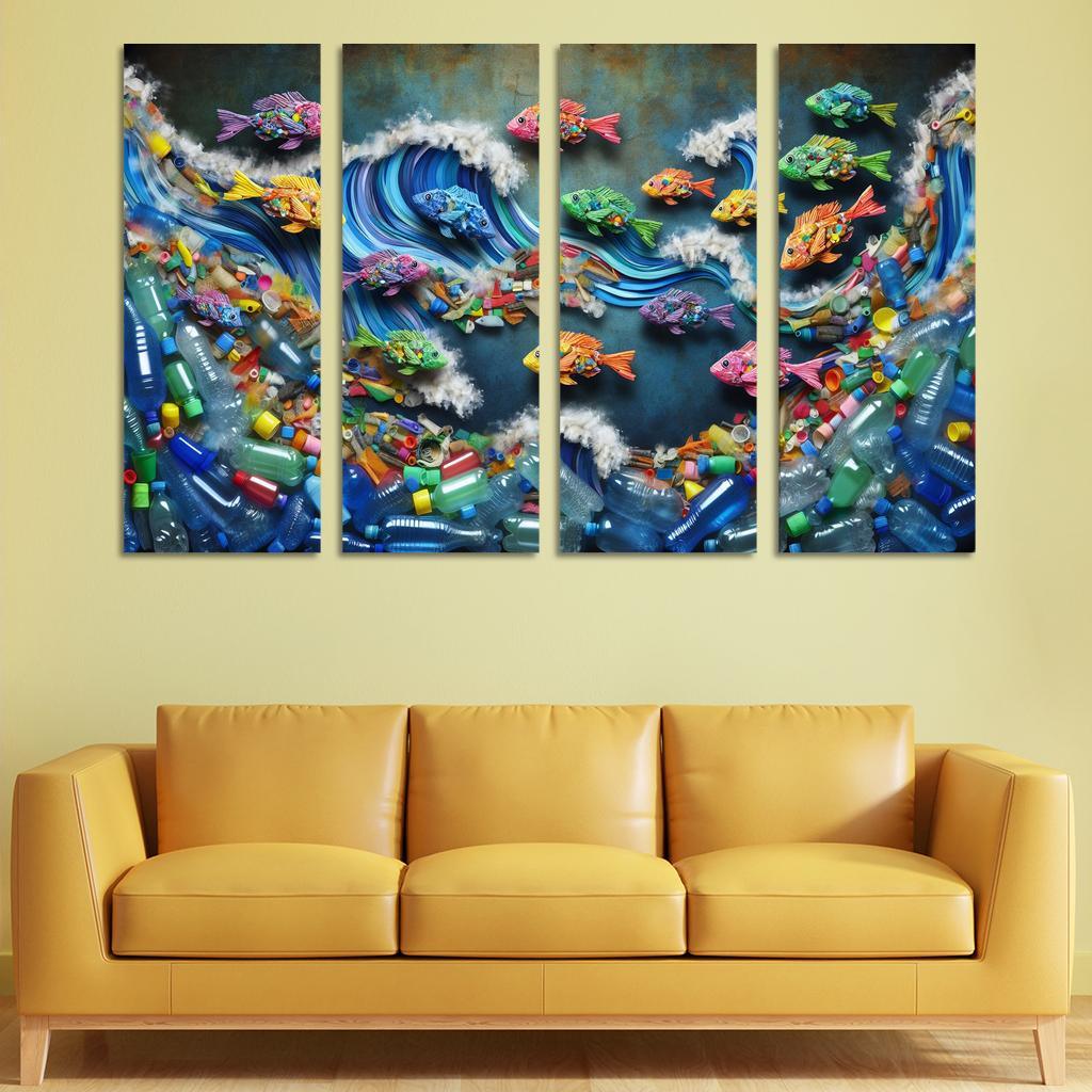 Plastic Ocean Art for Ocean Conservation 4 Piece HD Modern Canvas Panels-Original Frame