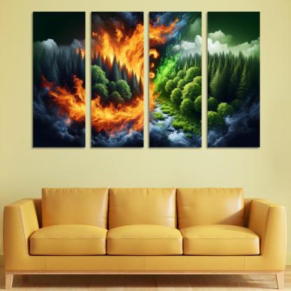 Flames of Awareness The Reality of Wildfires 4 Piece HD Modern Canvas Panels-Original Frame