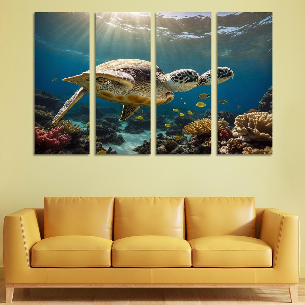 The Enigmatic Green Sea Turtle Gliding Through Coral Reefs Framed Paintings