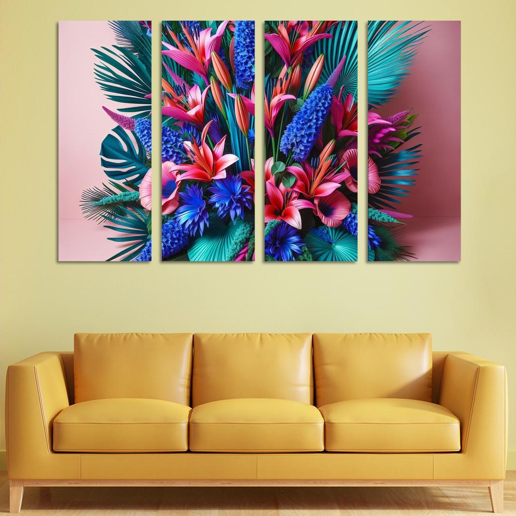 Glistening Tropics A Coastal Floral Experience 4 Piece HD Modern Canvas Panels-Original Frame